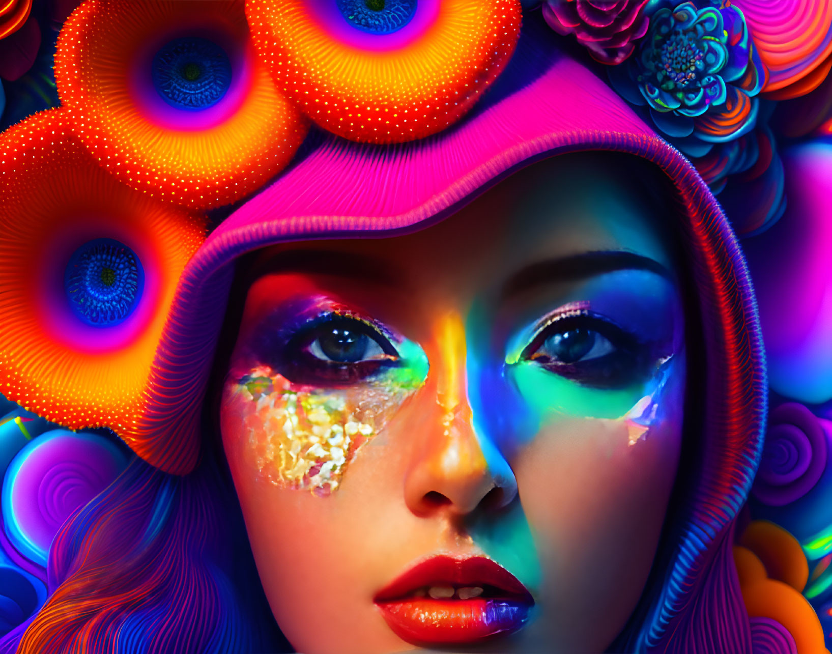 Colorful Makeup Woman Portrait with Psychedelic Floral Background