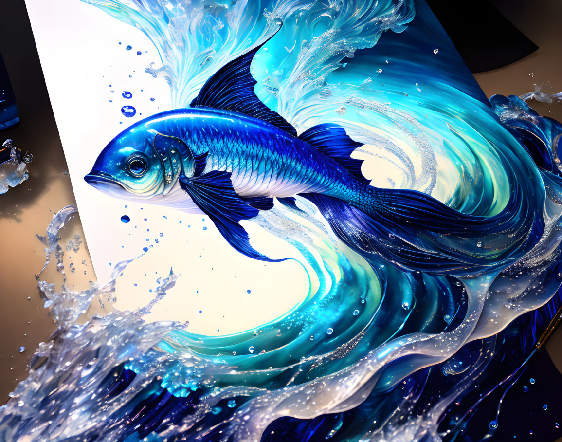 Colorful blue fish jumping from swirling waves on dark background