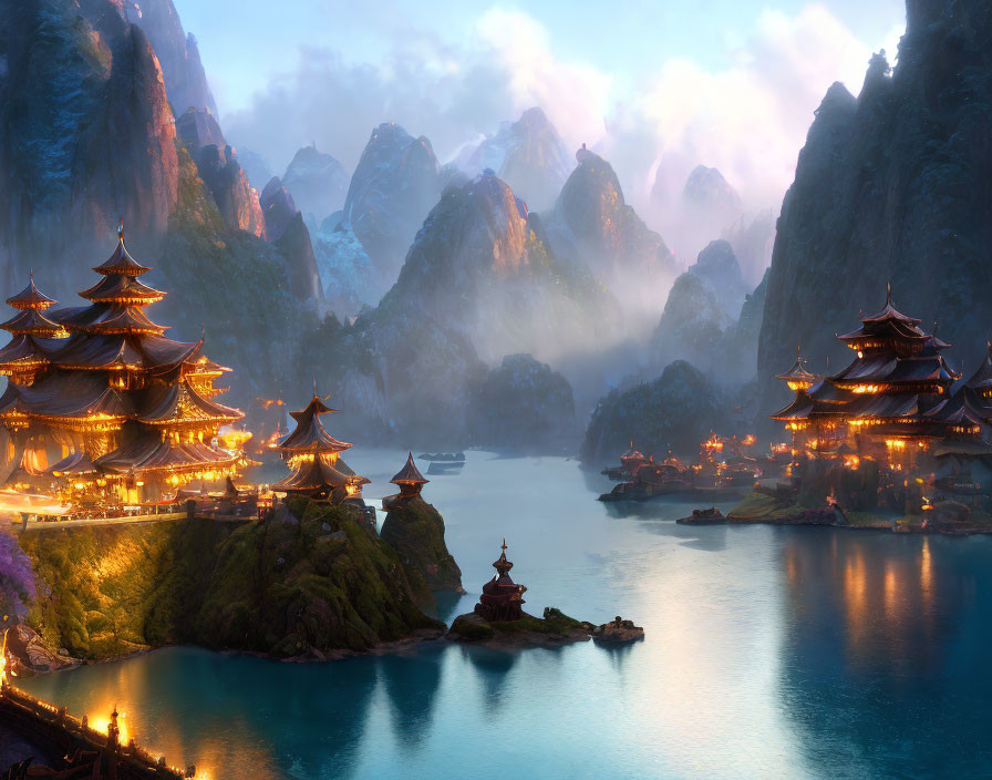 Traditional Pagoda-Style Buildings in Misty Mountain Setting at Dusk