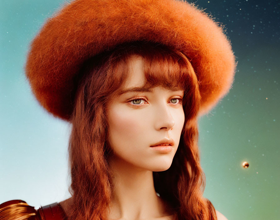 Red-haired woman in fluffy hat under starry sky