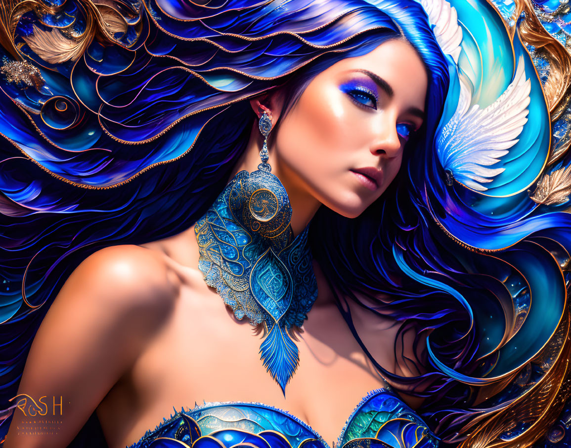 Fantasy digital artwork featuring woman with blue makeup and ornate accessories.