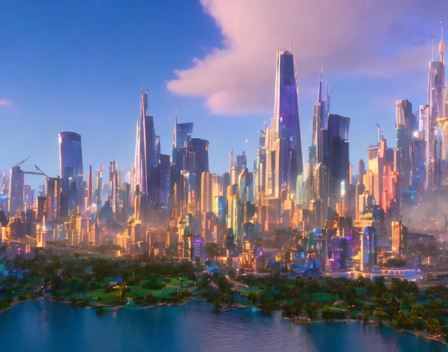 Vibrant futuristic city skyline at sunrise or sunset