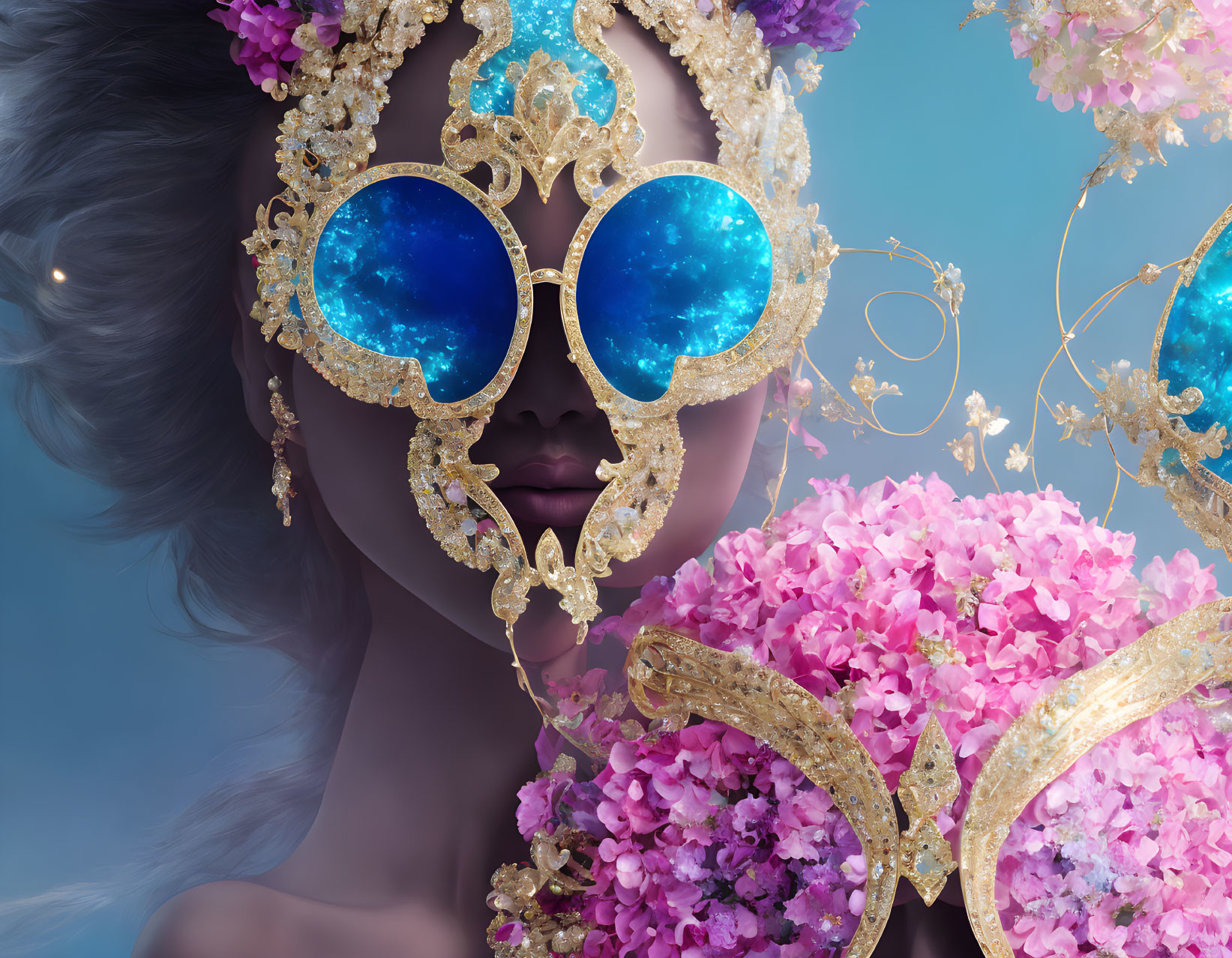 Surreal portrait of female figure with golden mask and blue gemstone eyes in pink flower backdrop