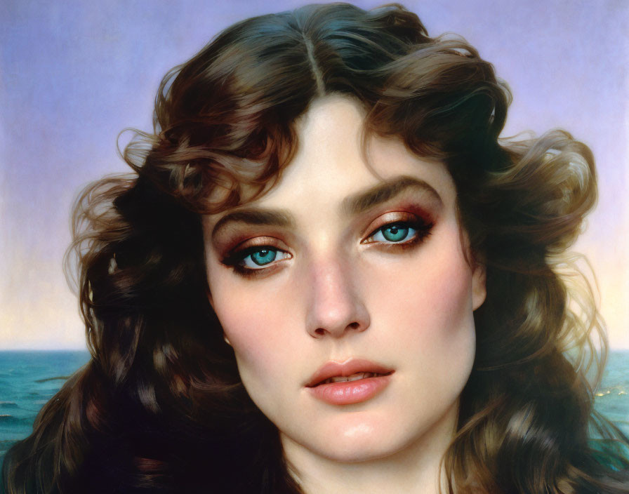 Hyper-realistic painting of woman with curly brown hair and blue eyes against ocean backdrop