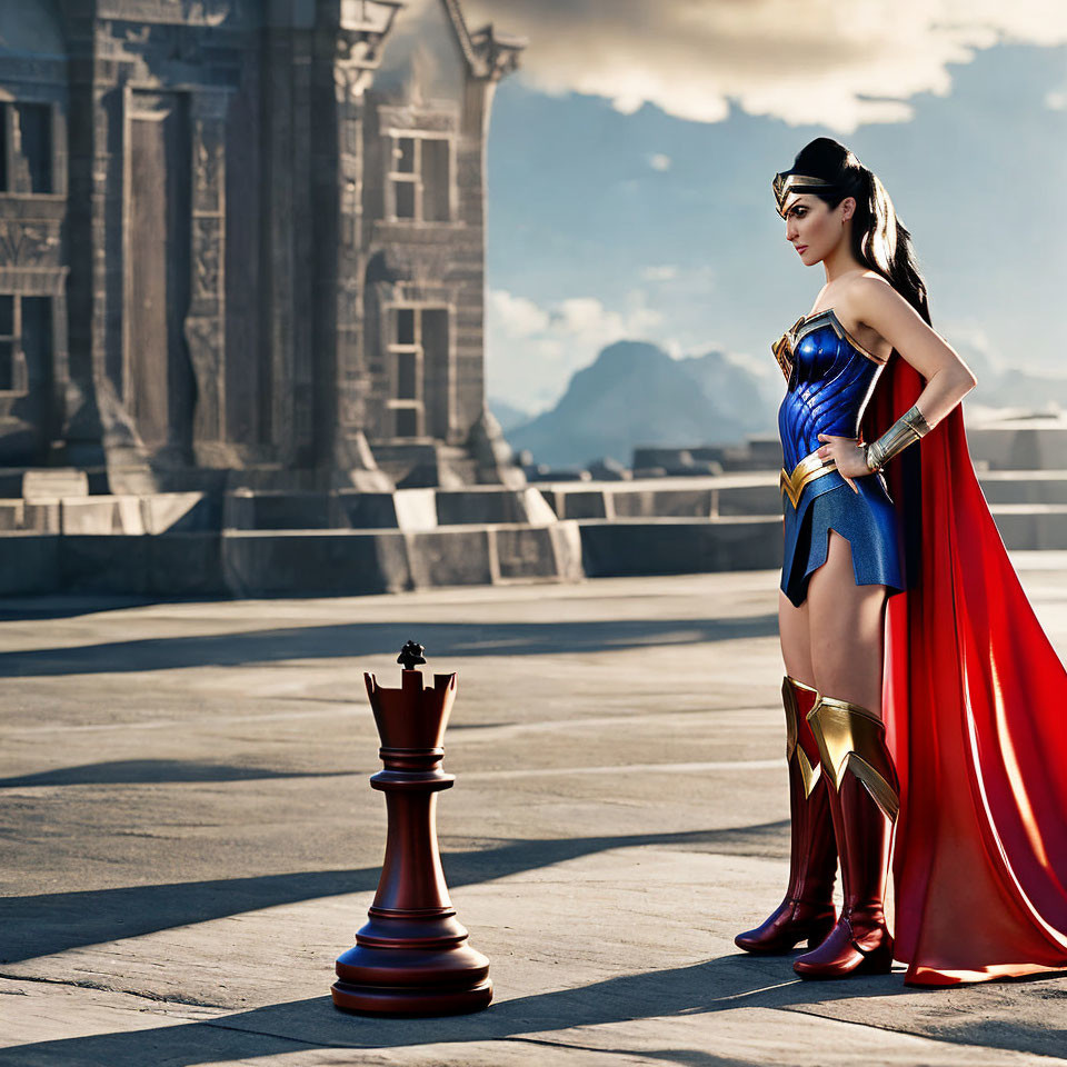 Woman in Wonder Woman costume with chess king on ancient rooftop