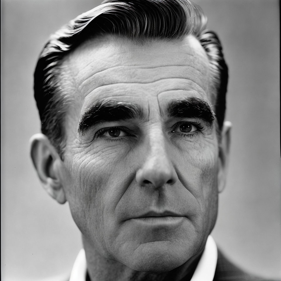 Monochrome portrait of stern man in dark suit with slicked-back hair