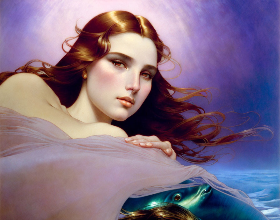 Woman with flowing hair by serene water at twilight