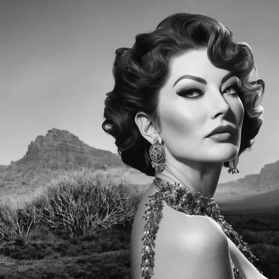 Monochrome image of glamorous woman in vintage attire against desert backdrop