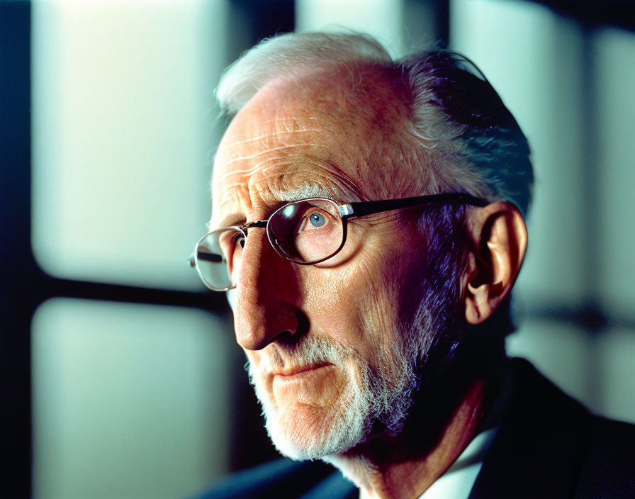 White-Haired Elderly Man with Glasses and Beard Looking Pensively