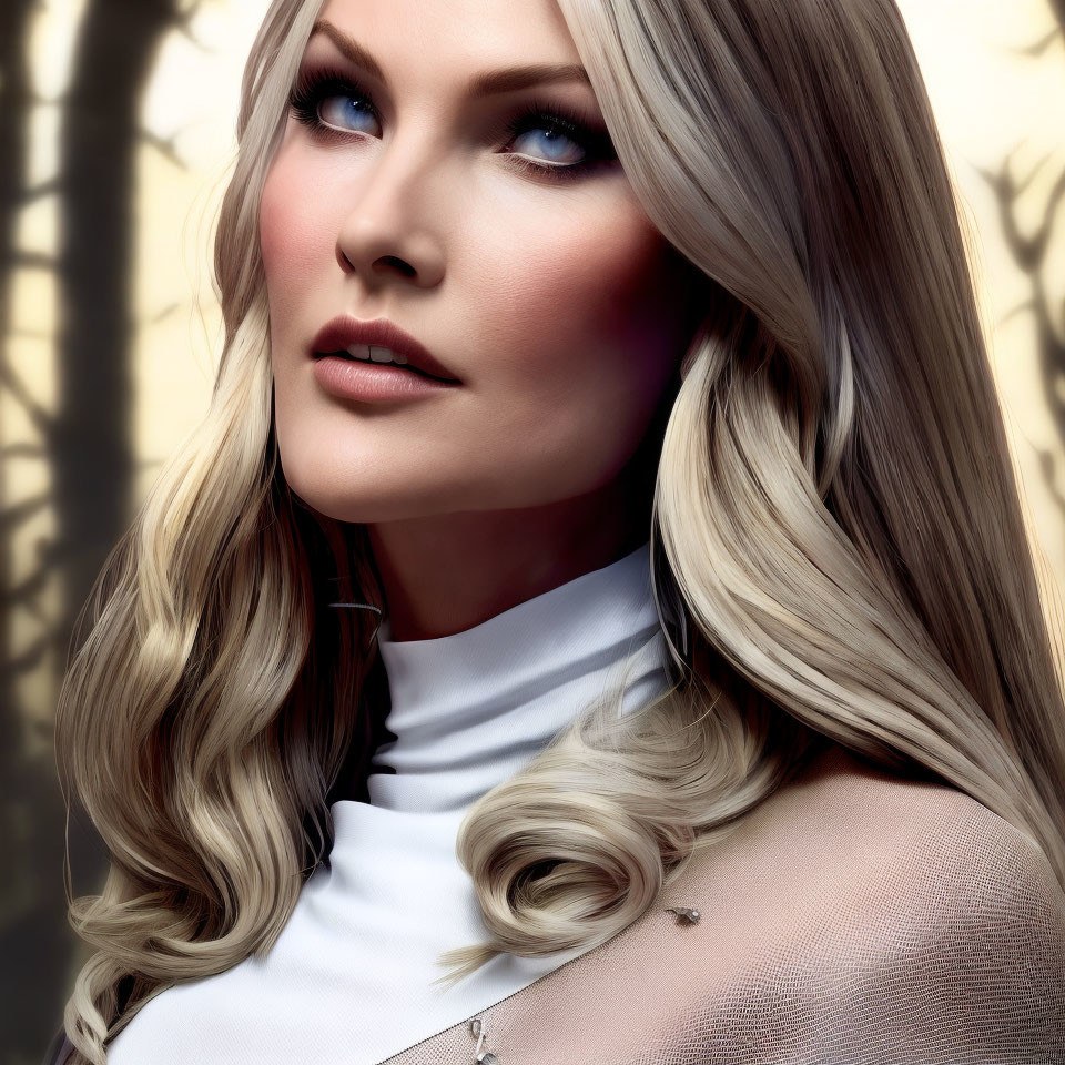 Blonde woman with blue eyes in white turtleneck and tan jacket.