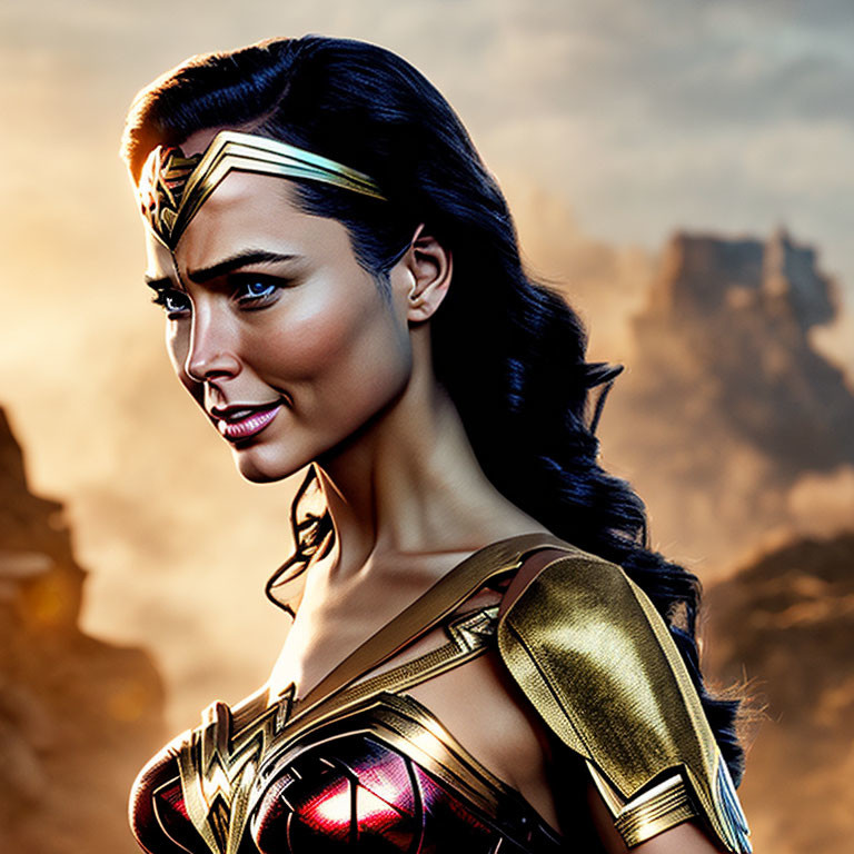 Female superhero with golden tiara and dark hair in armored costume against dusk sky.