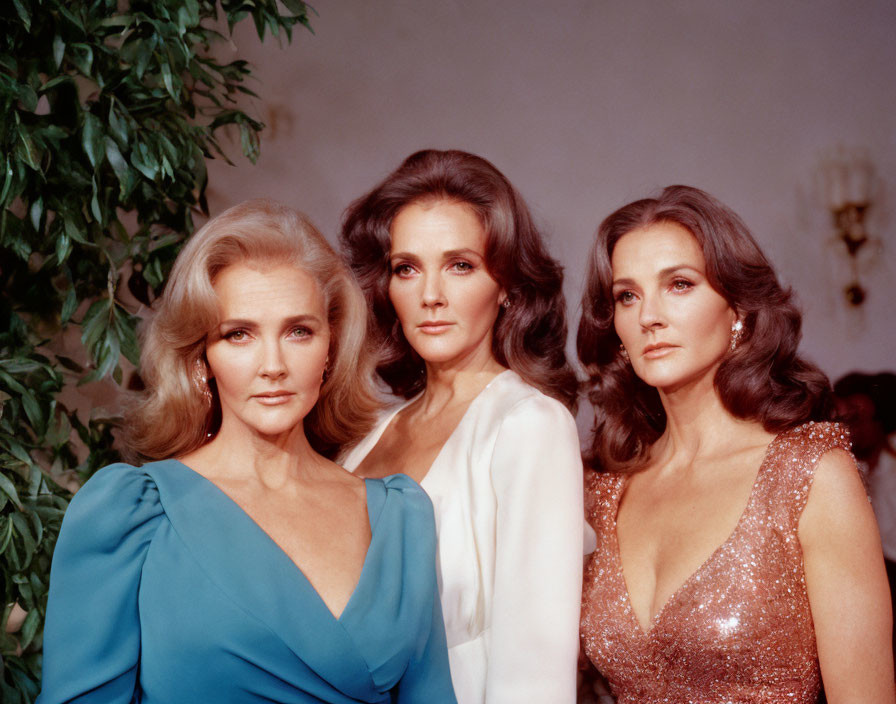 Three women in blue and sparkling dresses posing in front of indoor tree