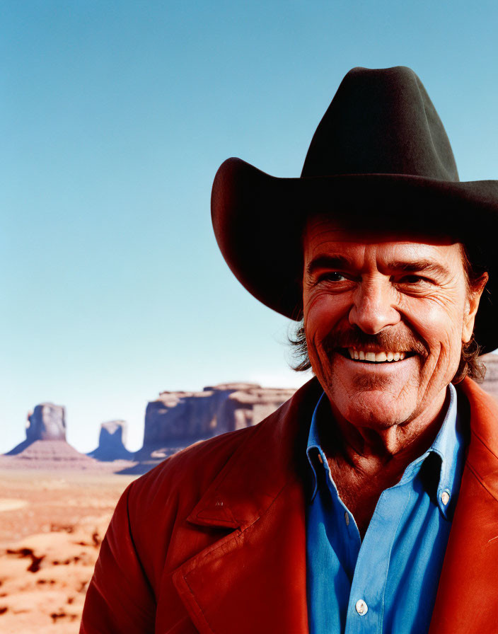 Man with mustache in cowboy hat and orange jacket against desert mesas.