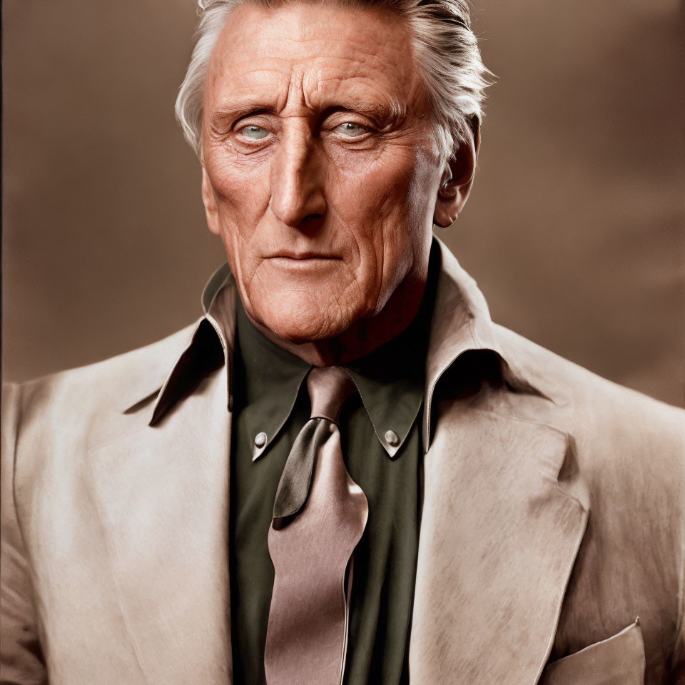 Elderly Gentleman in Beige Overcoat, Green Shirt, and Red Tie