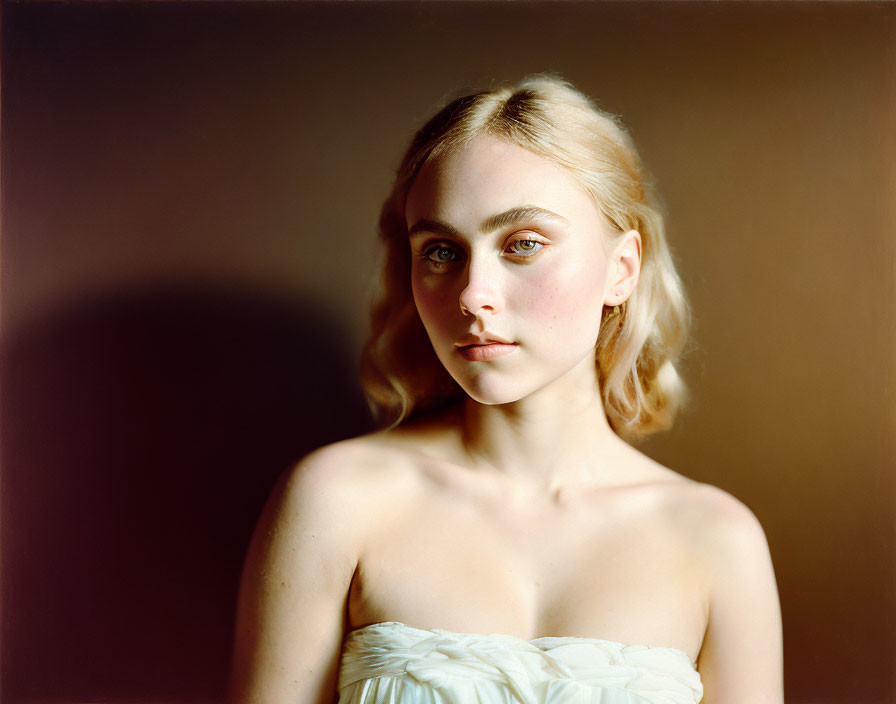 Blond-haired woman in white top on brown background