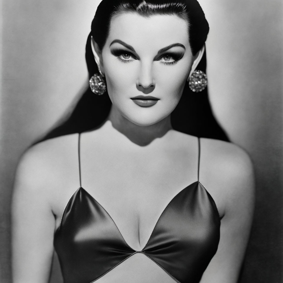 Monochrome portrait of glamorous woman in satin dress with arched eyebrows and large earrings