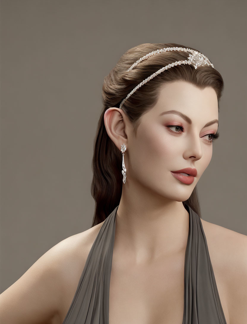 Stylish woman with jeweled tiara and elegant attire