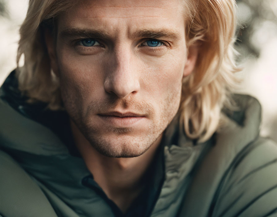 Blond Man with Blue Eyes in Green Jacket Close-Up