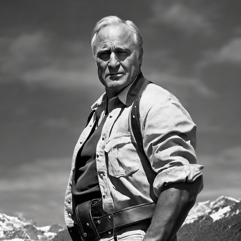 Monochrome portrait of stern older man against mountain backdrop