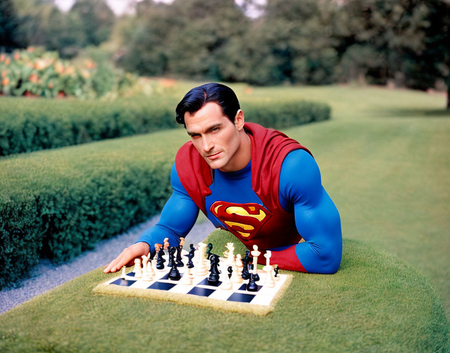 Superman cosplay with chessboard in outdoor garden setting