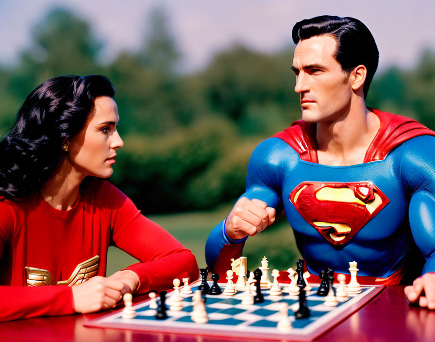 Superman and Wonder Woman action figures playing chess