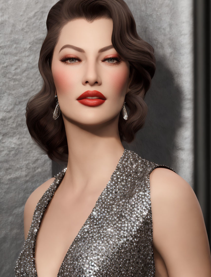 Vintage Hairstyle and Sparkling Silver Dress on Elegant Woman