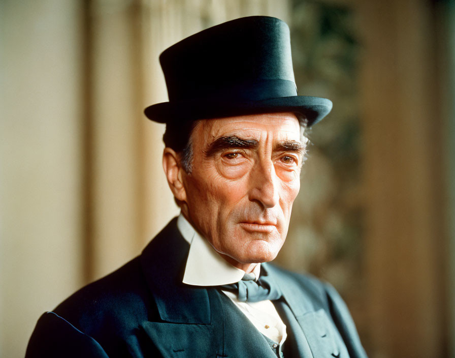 Elderly gentleman in formal attire with top hat and bow tie