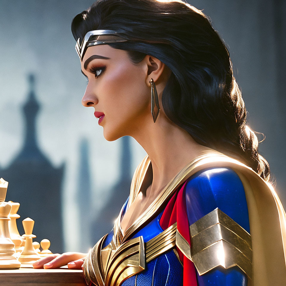 Woman in Wonder Woman costume playing chess in sunlight