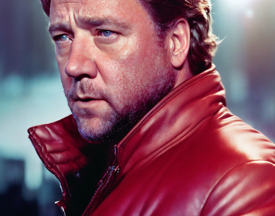 Man with stubble in red leather jacket, close-up shot.