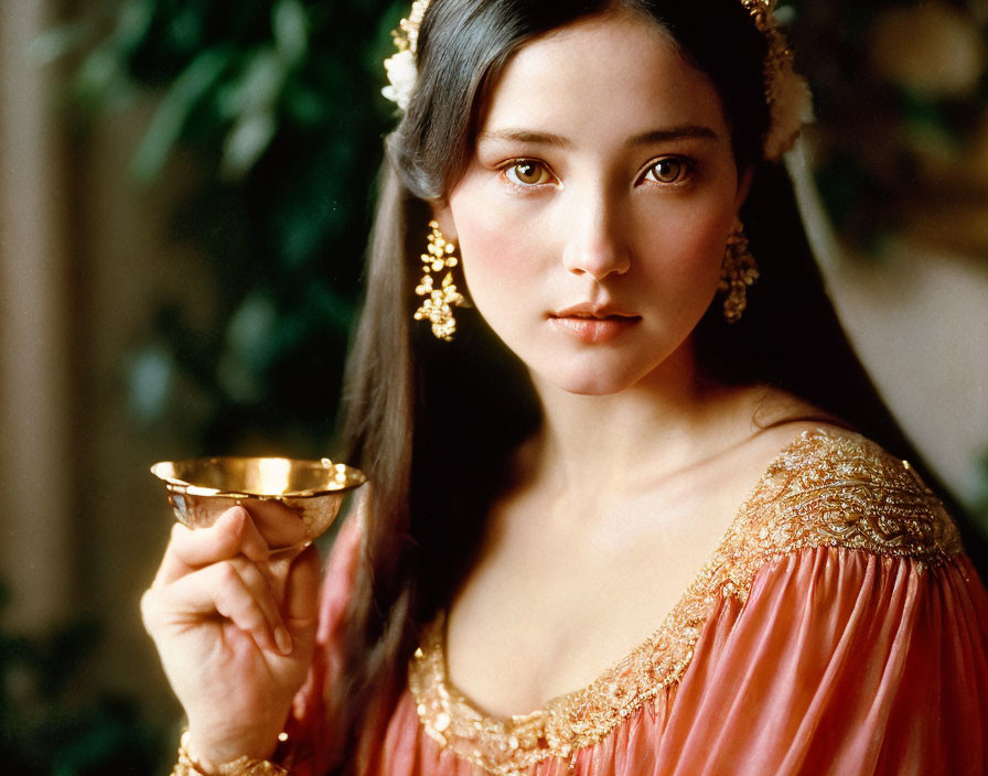 Black-haired woman in peach dress with golden cup and earrings