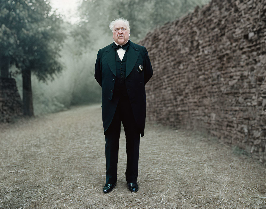 Formal man in black suit with bow tie on foggy pathway surrounded by trees and brick wall