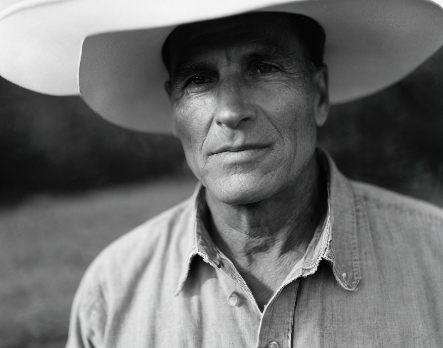 Monochrome portrait of middle-aged man in wide-brimmed hat