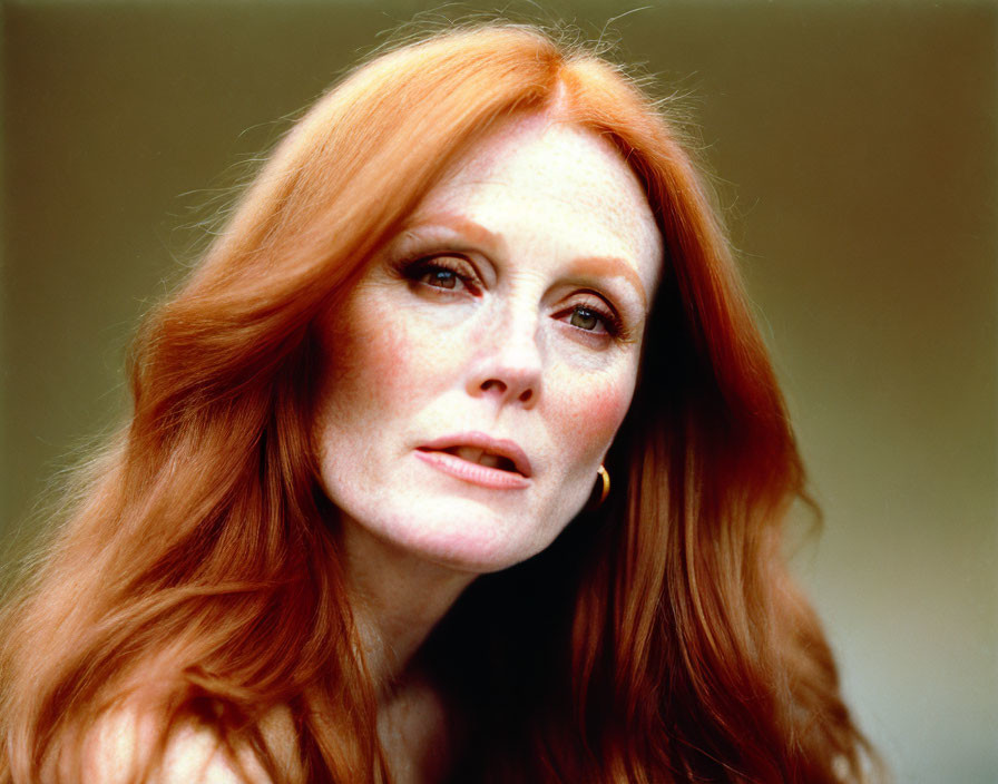 Portrait of woman with long red hair and light eyes