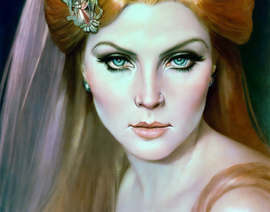 Fantasy female portrait with green eyes, elegant jewelry, and styled reddish-brown hair.