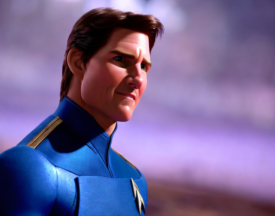 Dark-haired male superhero in blue and gold costume on purple background