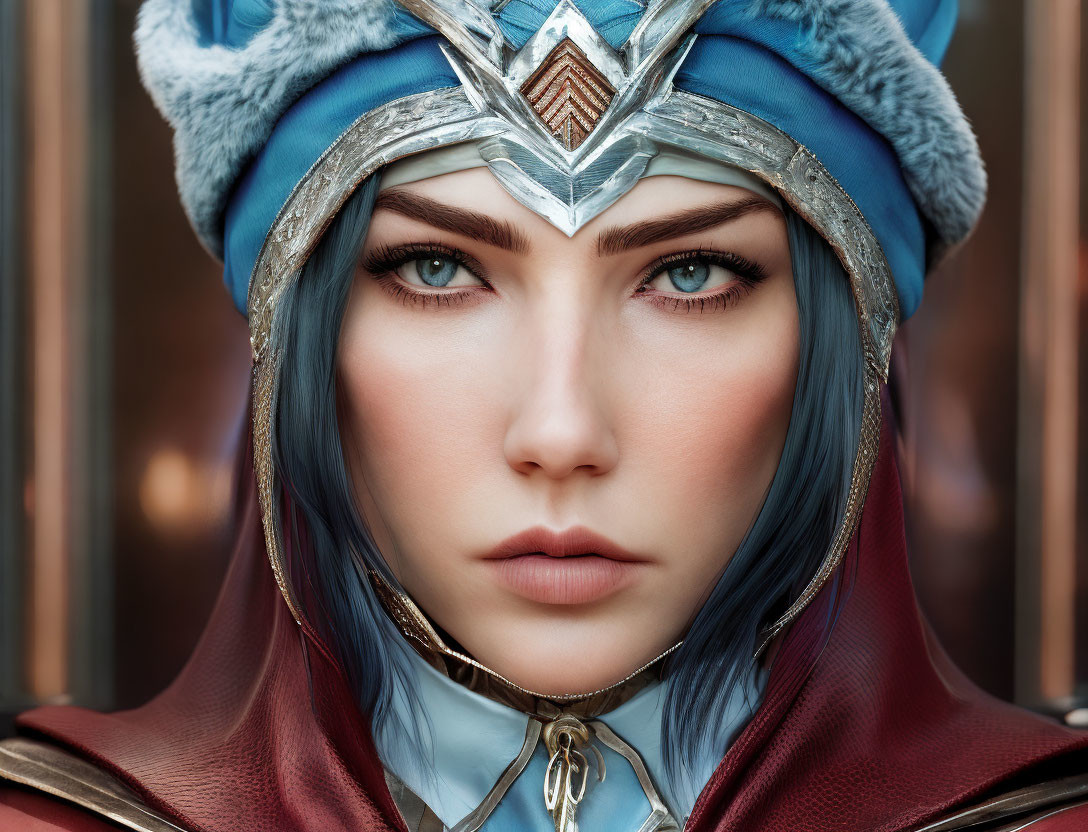 Fantasy woman in intricate blue armor with blue eyes and hair.