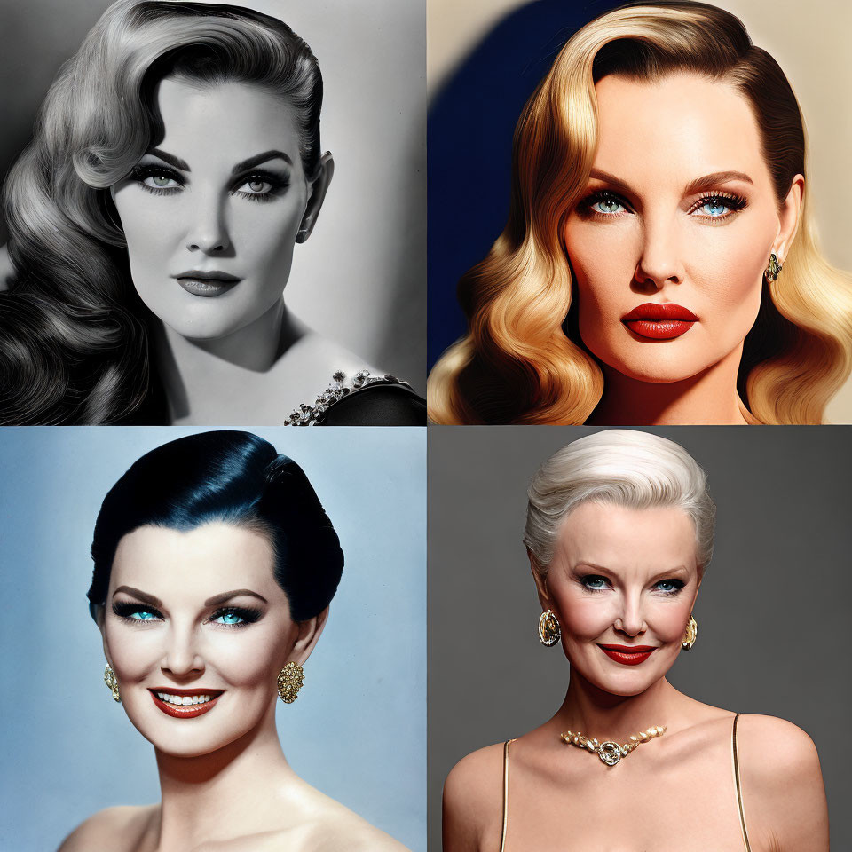 Four portraits of a woman with vintage hairstyles and makeup at different ages