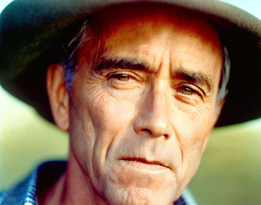 Elderly man in green hat and blue shirt gazes at camera