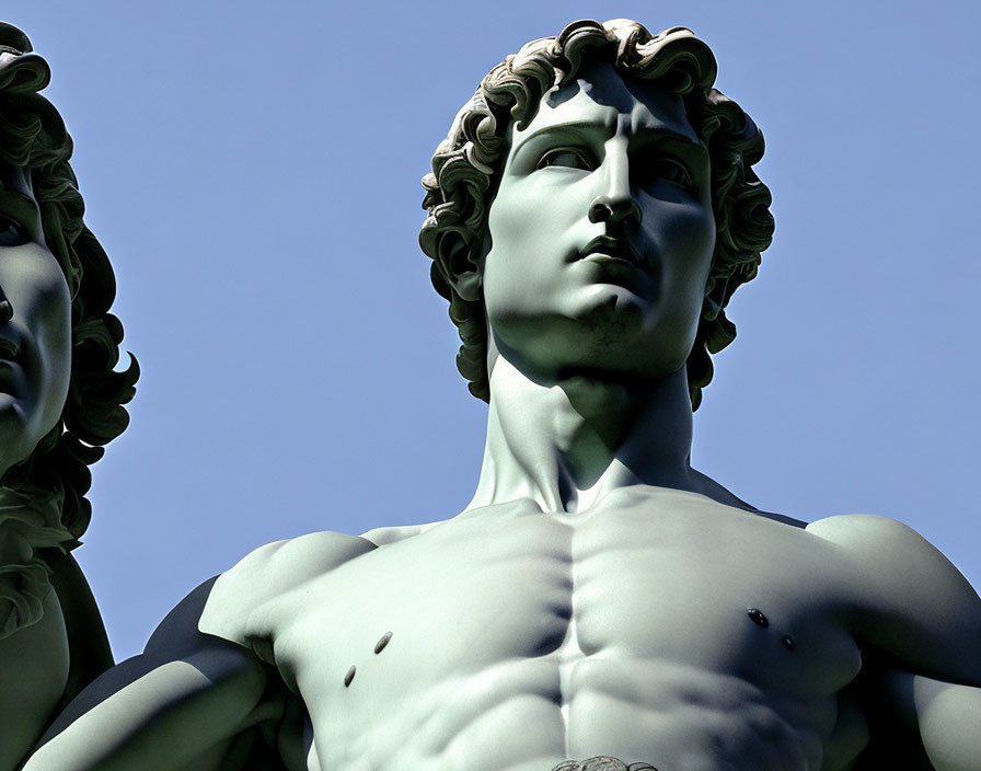 Detailed male torso sculpture with curly hair, second figure, blue sky