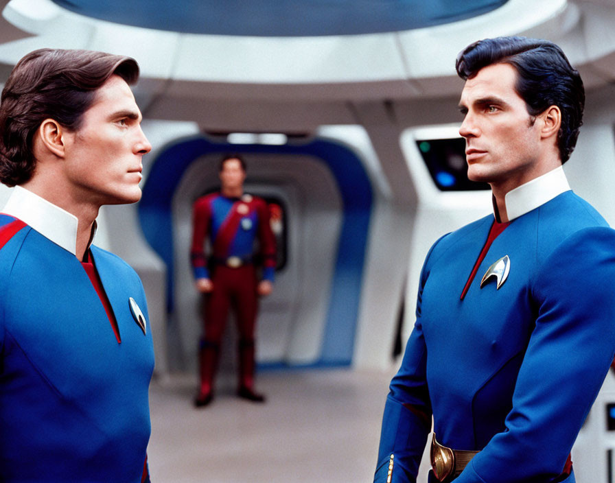 Two men in blue uniforms with star emblem in spaceship corridor, red-clad man in background