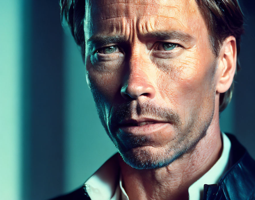 Intense-eyed man with stubble and serious expression under dramatic lighting