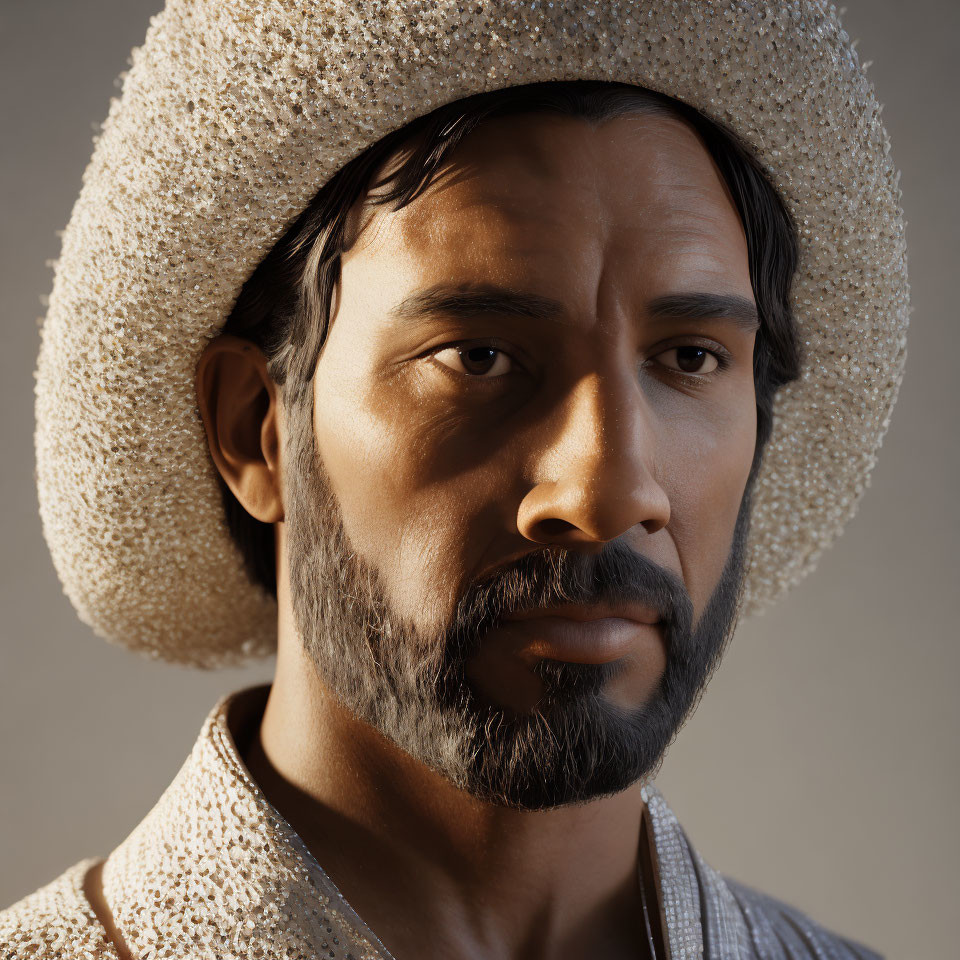 Man with Dark Facial Hair in Textured Hat and Garment on Neutral Background