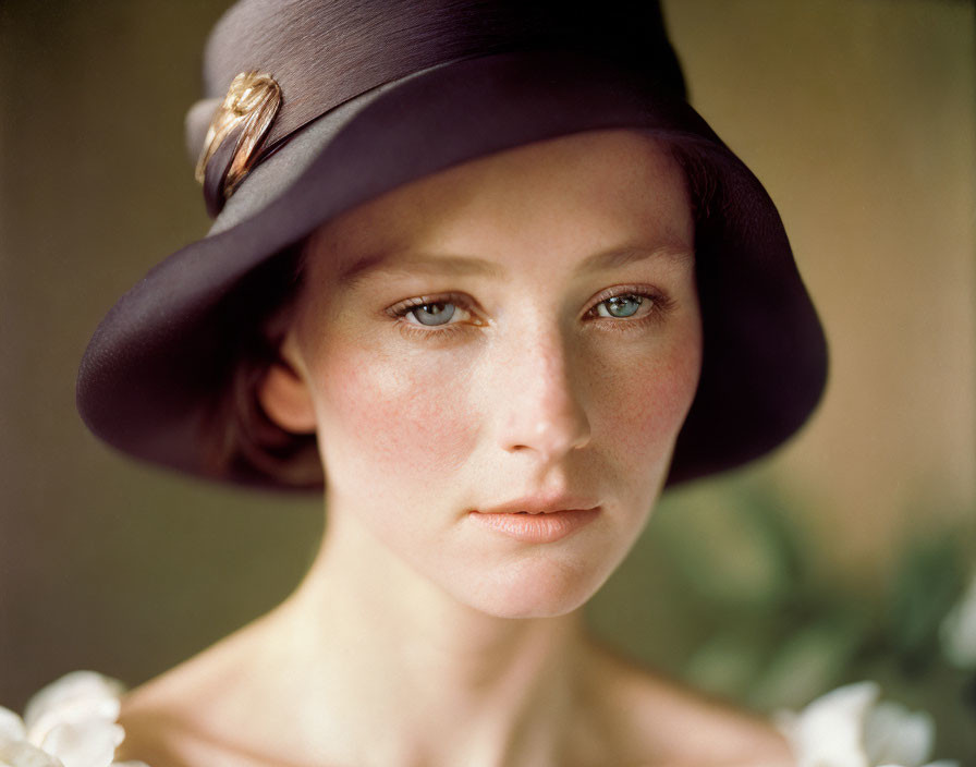 Fair-skinned woman in purple hat with brooch, gazing at camera