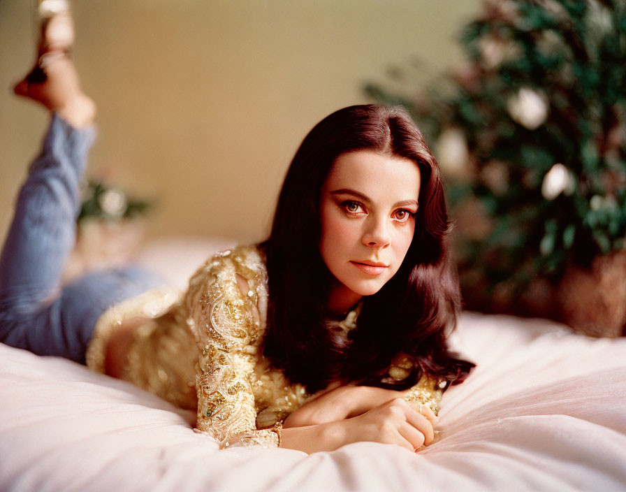 Dark-haired woman in golden outfit on bed with plant, gazing at camera