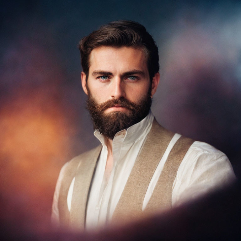 Stylish man in vest and suspenders with groomed beard and hair on colorful backdrop