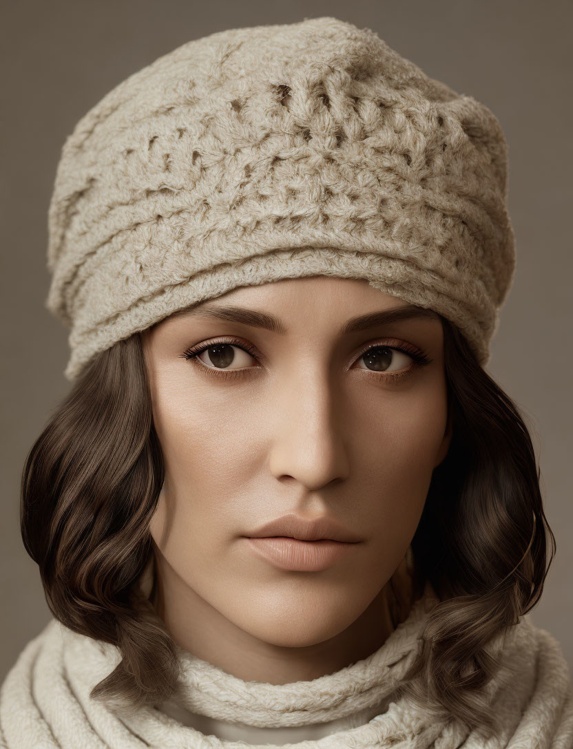 Neutral Expression Woman in Textured Knit Beanie & Turtleneck Sweater