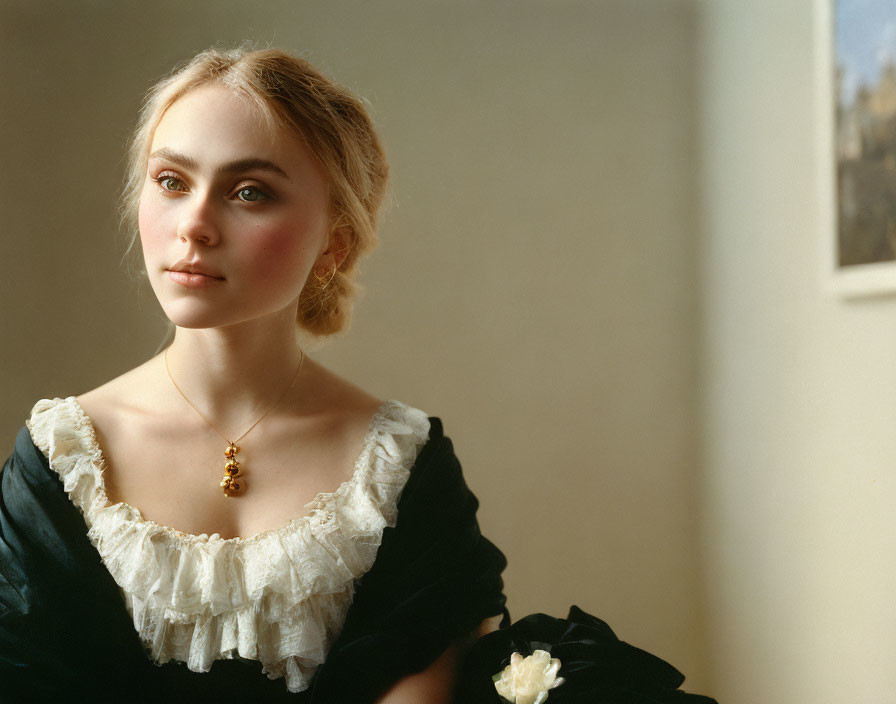 Blonde Woman in Black Dress with Gold Pendant