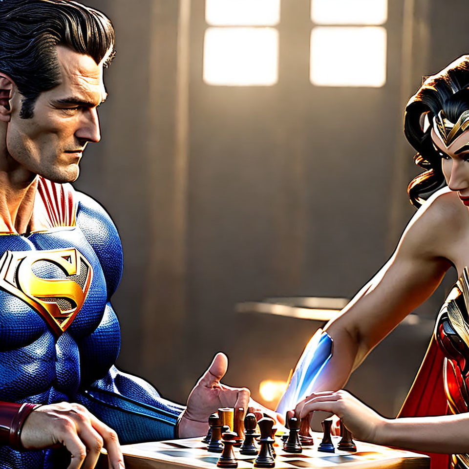 Superheroes playing chess in blue and red suit and armored outfit.