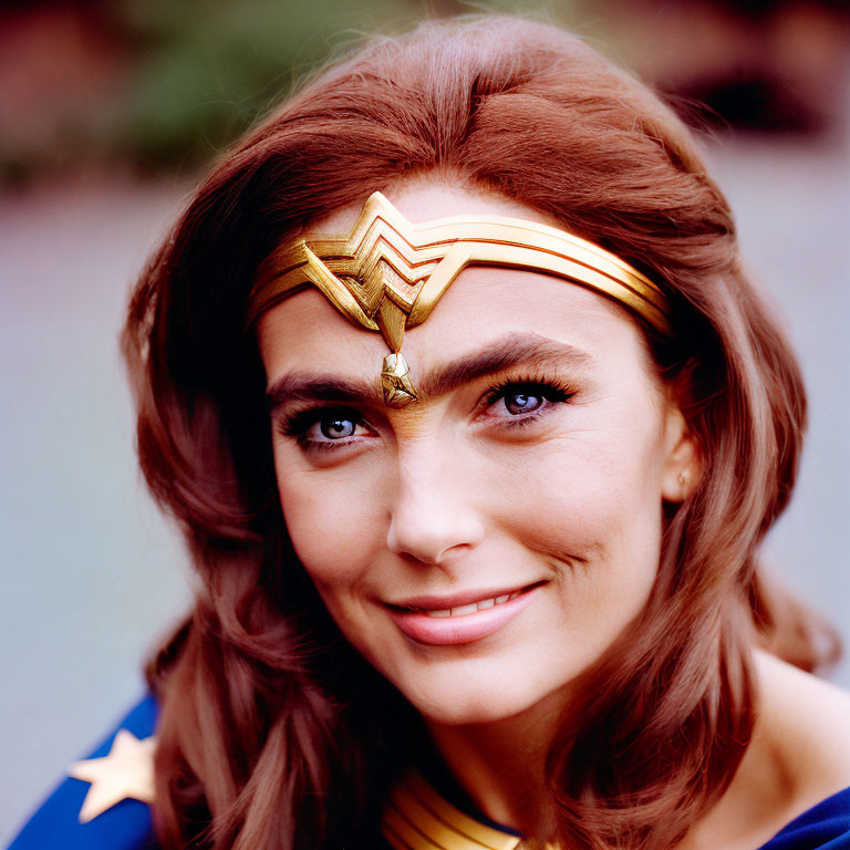 Smiling woman in Wonder Woman tiara and star costume with brown hair.