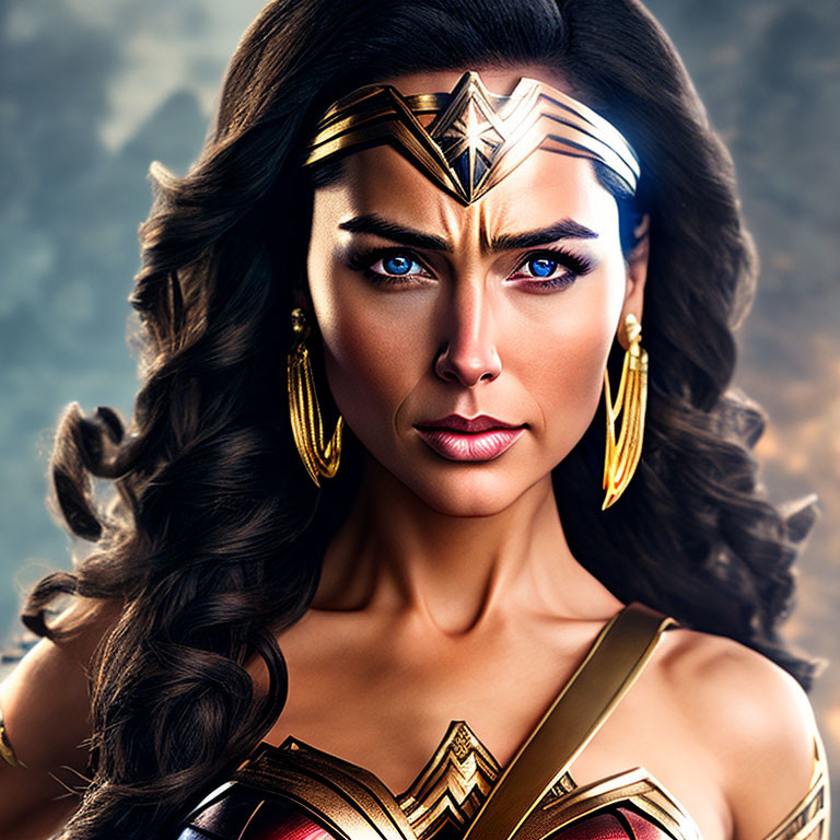 Close-up of fierce female superhero with golden tiara, wavy hair, blue eyes, and gold